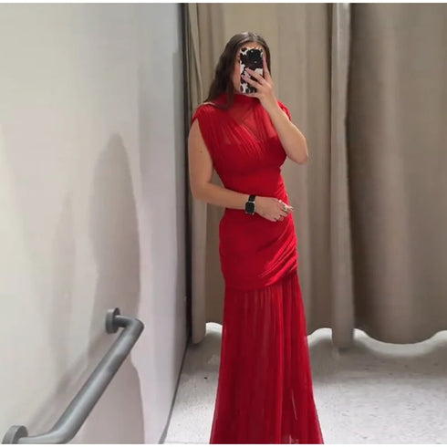 Elegant Mesh Patchwork Pleated Long Skirt Dress for Women Slim Evening Party Maxi Dress